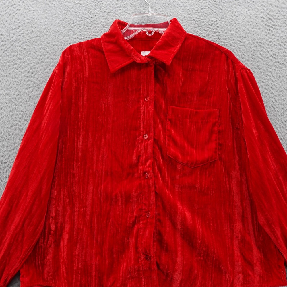 Steve Madden Womens Red Crushed Velvet Button Up Shirt XS Oversized NEW - Picture 3 of 13